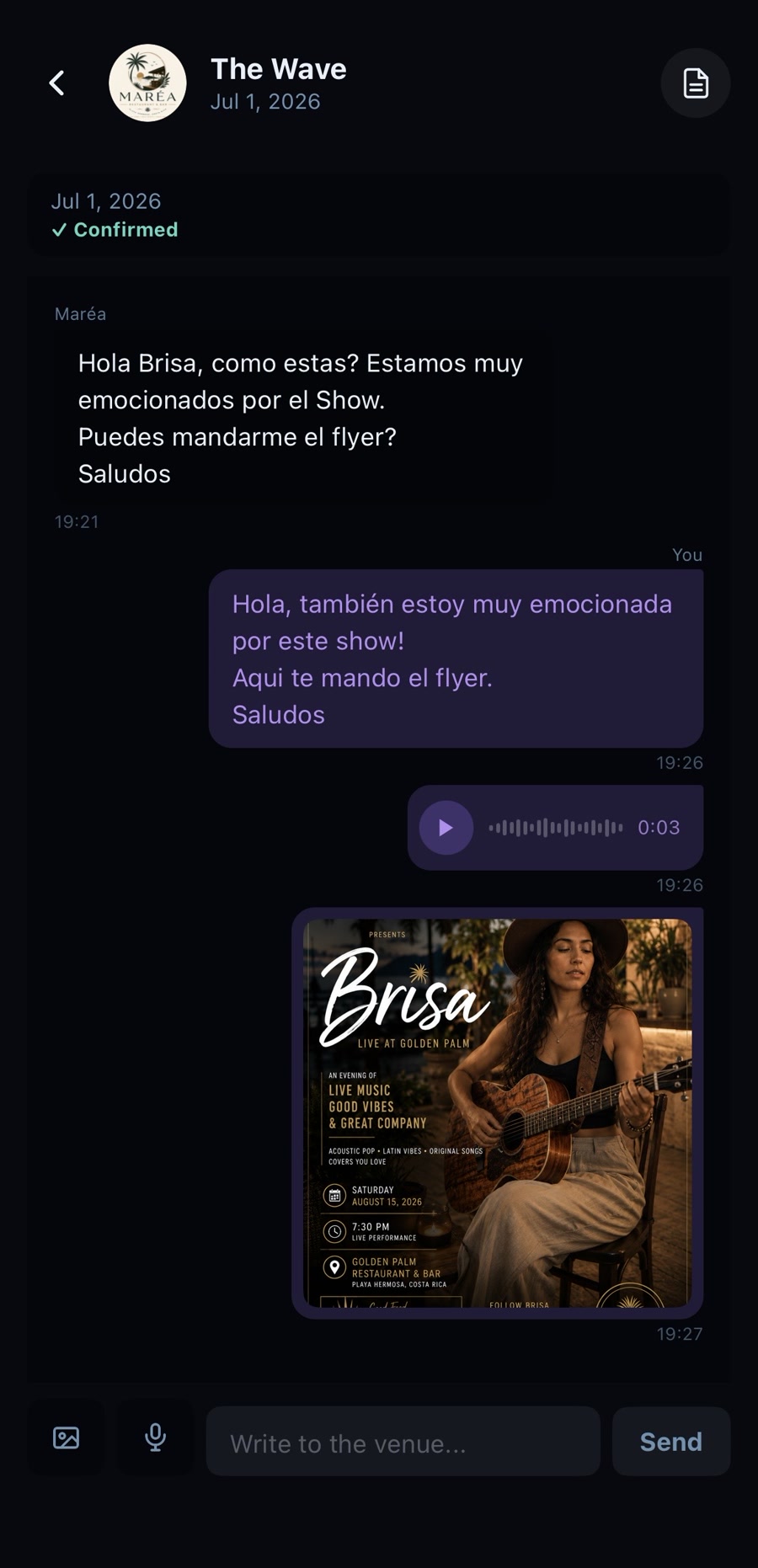 Ongoing chat with a venue on GigSpot, sharing flyers and details