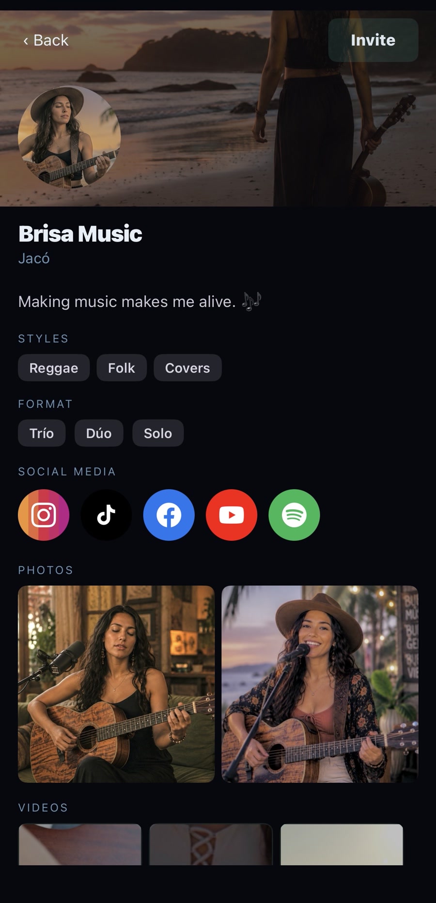 Full artist profile with photos, videos and social media on GigSpot