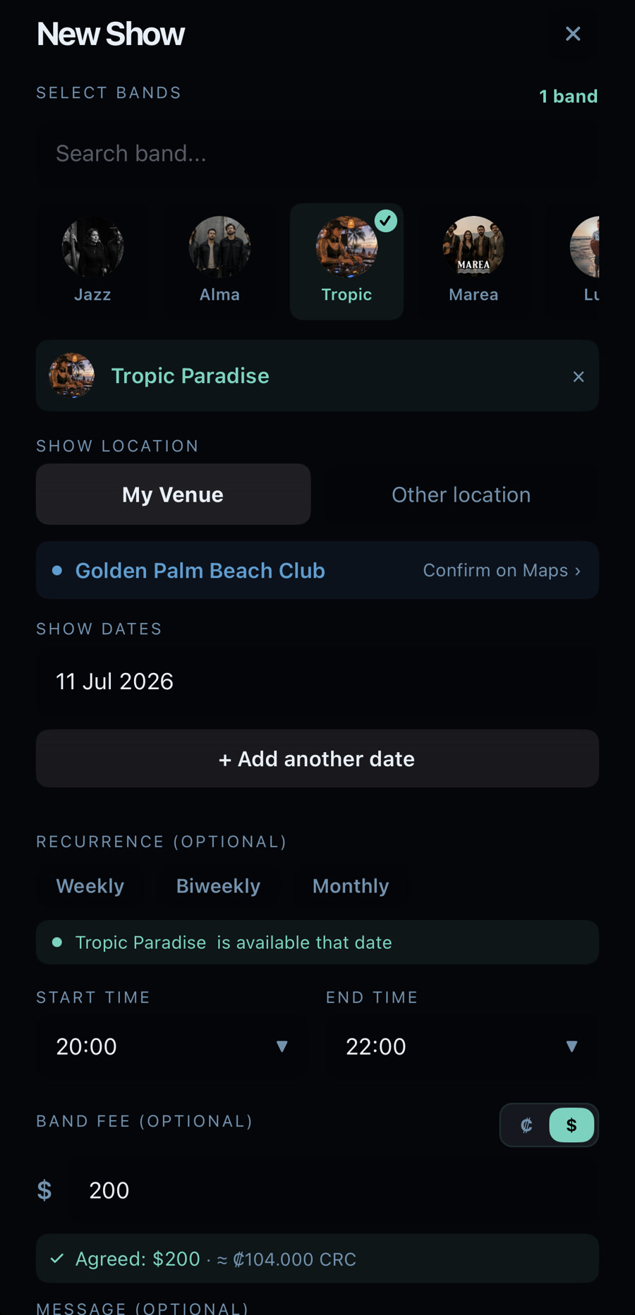 Send a show invitation in the GigSpot app