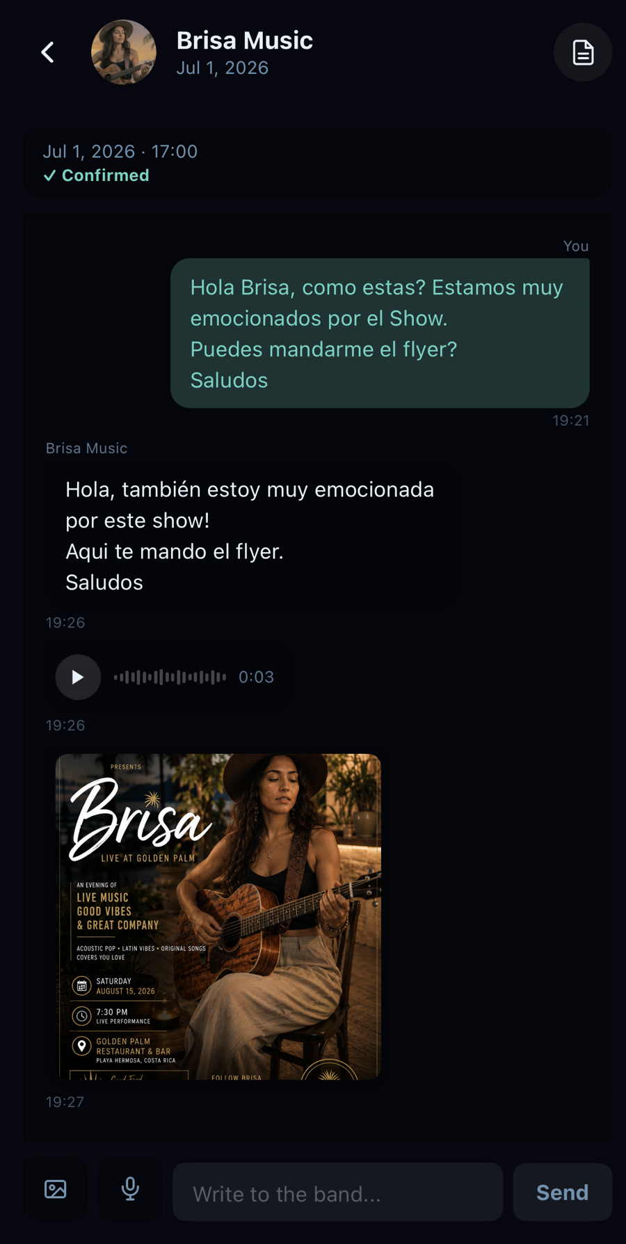 Confirmed show and chat in the GigSpot app